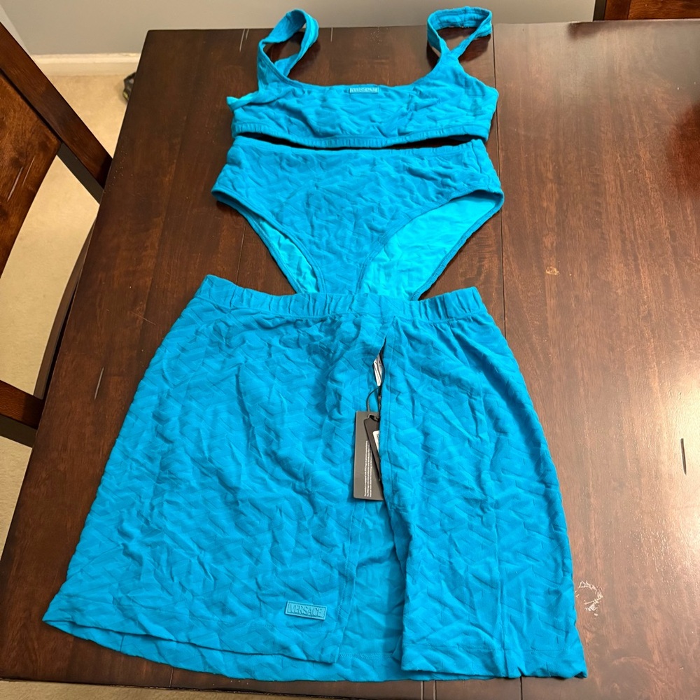 Versace Blue 2 piece bikini with matching swim skirt